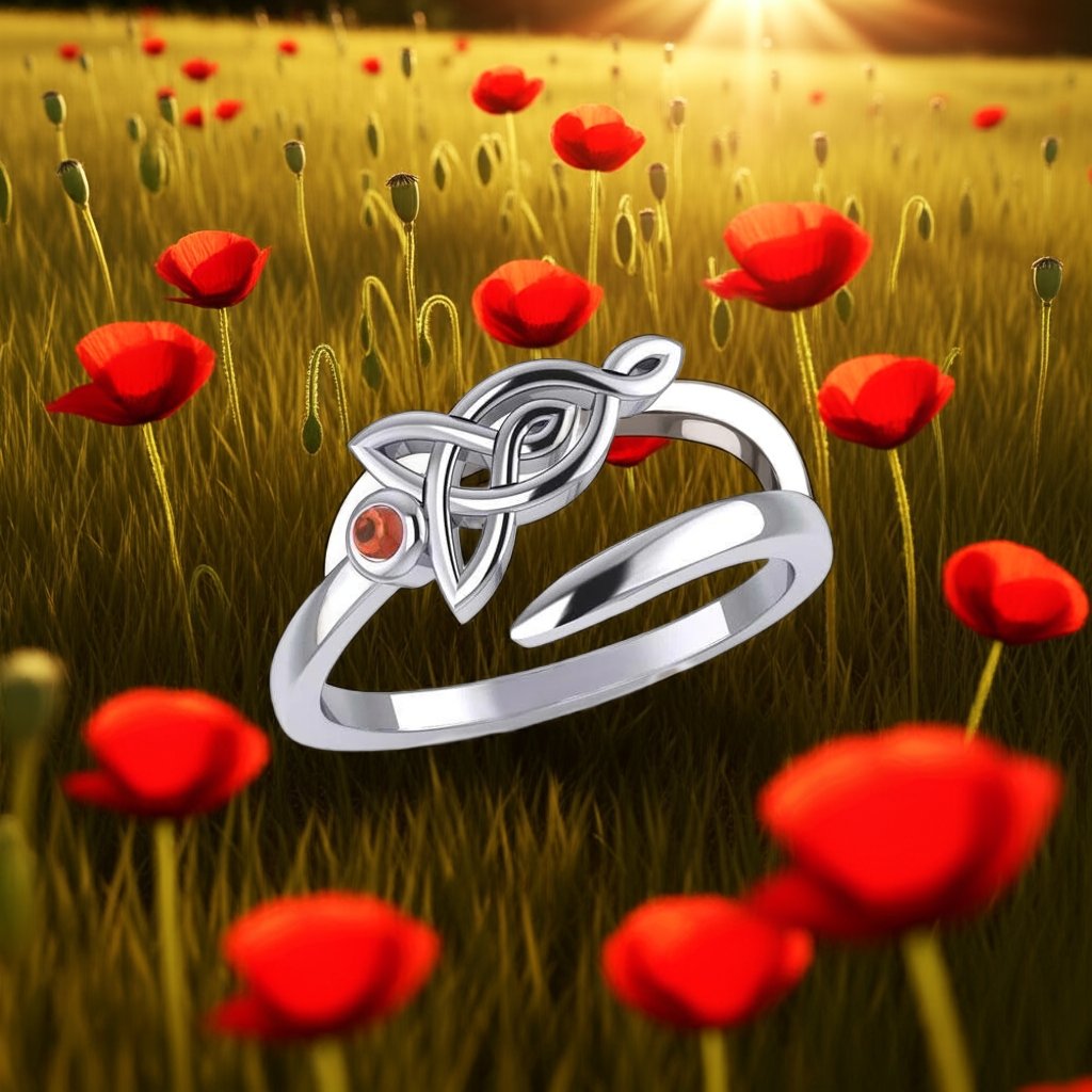 Celtic Motherhood Triquetra Sterling Silver Ring With Garnet, Size 8